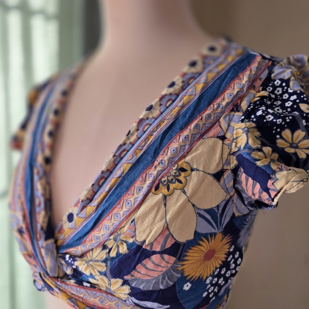 Angie Boho Floral Knot Front Ruffle Sleeve Crop Top Size S